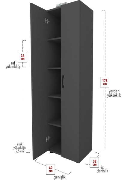 5 Raflı 2 Kapaklı Çok Amaçlı Mutfak Dolabı Banyo Dolabı Çok Amaçlı Dolap Antrasit