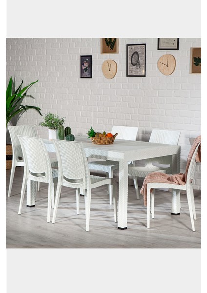 Rattan Home 6 Kişilik Bahçe Masa Takımı-Beyaz