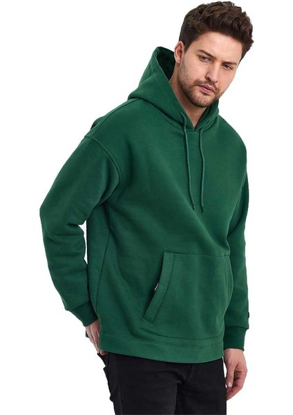 Kapüşonlu Oversize Kanguru Cep Şardonlu 3 Iplik Erkek Sweatshirt