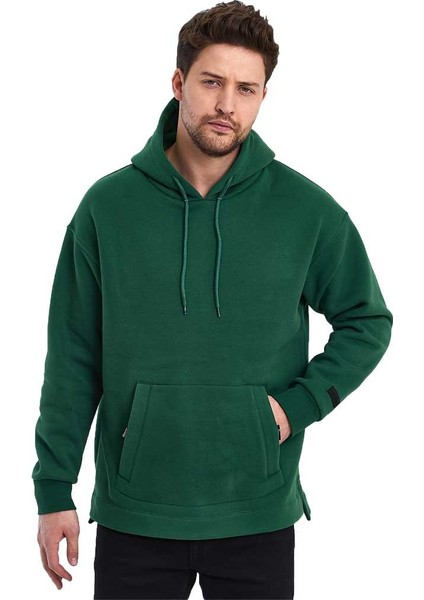 Kapüşonlu Oversize Kanguru Cep Şardonlu 3 Iplik Erkek Sweatshirt