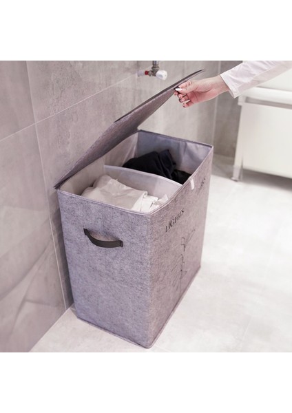 Keçe 2 Gözlü Çamaşır Sepeti Gri 53X33X60CM-25LT Katlanır Çamaşır Selesi-Su Kovası-Maşrapa 4'lü Set fırsatları