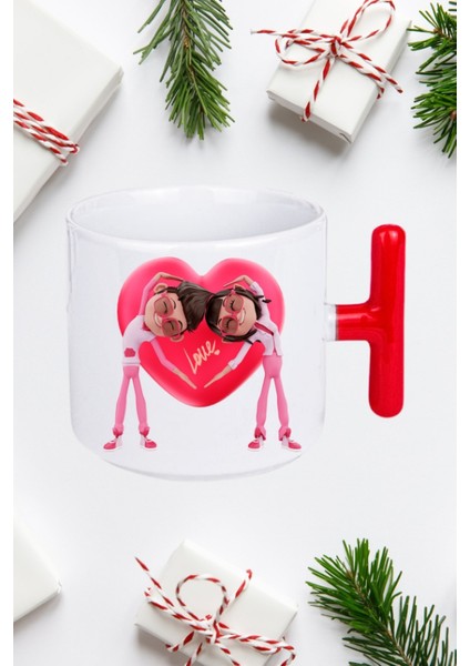 Mutlu Çiftler Love Kalp Baskılı Hediye Kırmızı T Saplı Kupa Bardak Porselen Çay Kahve Fincanı