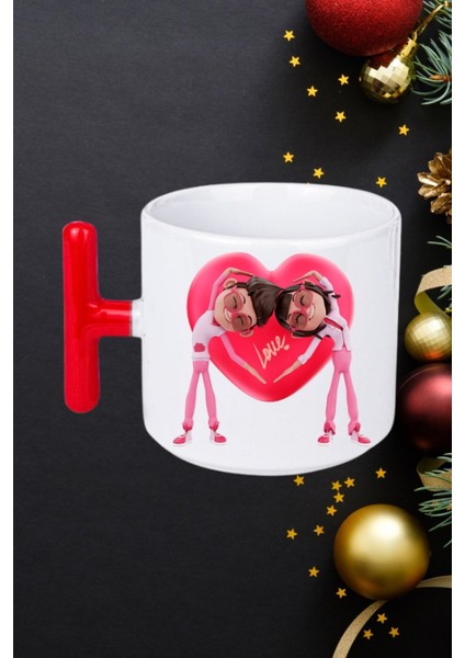 Mutlu Çiftler Love Kalp Baskılı Hediye Kırmızı T Saplı Kupa Bardak Porselen Çay Kahve Fincanı