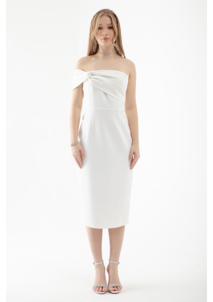 Kadın Beyaz Çift Bandajlı Tek Omuz Midi Abiye Elbise