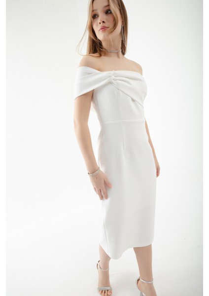 Kadın Beyaz Çift Bandajlı Tek Omuz Midi Abiye Elbise fiyatları