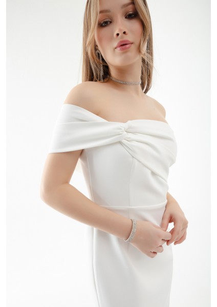 Kadın Beyaz Çift Bandajlı Tek Omuz Midi Abiye Elbise modelleri