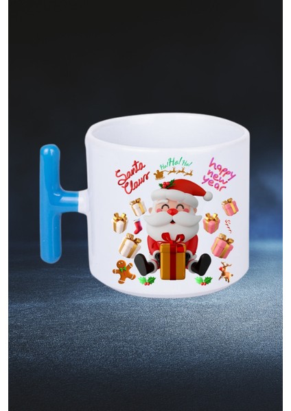 Noel Baba Happy Christmas Baskılı T Saplı Kupa Bardak Porselen Çay Kahve Fincanı
