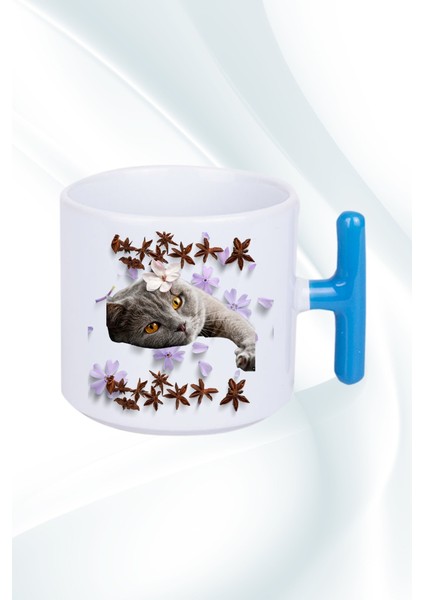 Sevimli Kedi Baskılı T Saplı Kupa Bardak Porselen Çay Kahve Fincanı