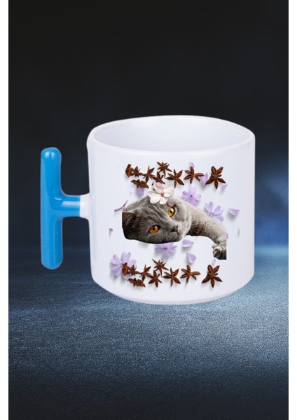 Sevimli Kedi Baskılı T Saplı Kupa Bardak Porselen Çay Kahve Fincanı