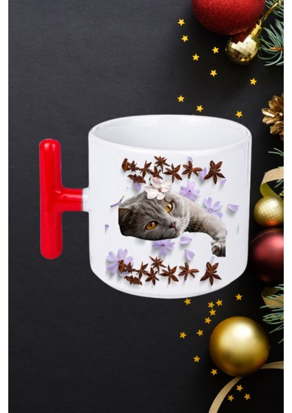 Sevimli Kedi Baskılı Kırmızı T Saplı Kupa Bardak Porselen Çay Kahve Fincanı