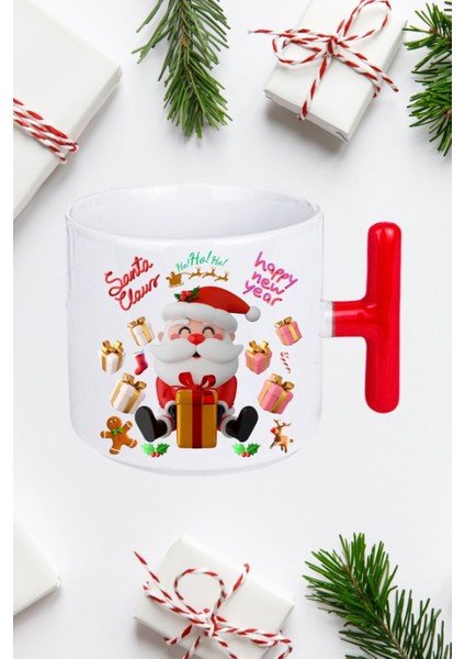Noel Baba Happy Christmas Baskılı Kırmızı T Saplı Kupa Bardak Porselen Çay Kahve Fincanı