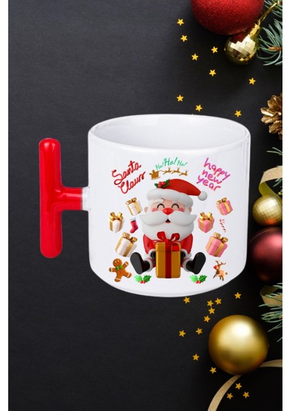 Noel Baba Happy Christmas Baskılı Kırmızı T Saplı Kupa Bardak Porselen Çay Kahve Fincanı