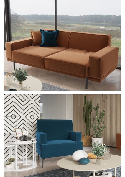 Loft 3+1 Salon&oturma Odası Koltuk Takımı - Kiremit&avcı Yeşili