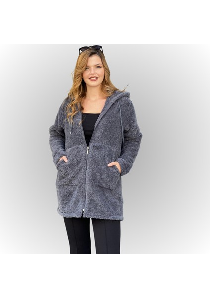 Kadın Kapşonlu Uzun Peluş Tunik Ceket