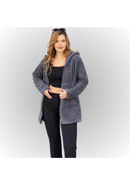 Kadın Kapşonlu Uzun Peluş Tunik Ceket modelleri