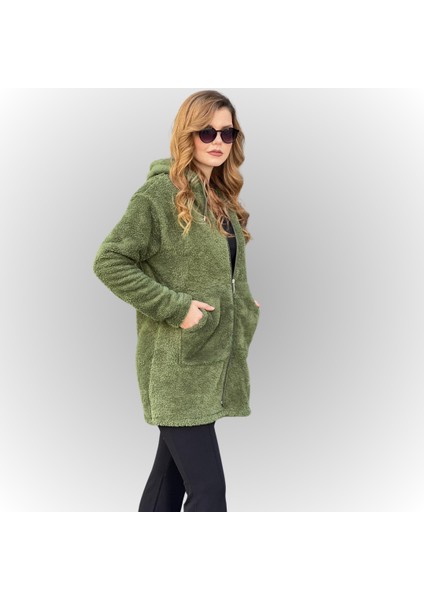 Kadın Kapşonlu Uzun Peluş Tunik Ceket modelleri