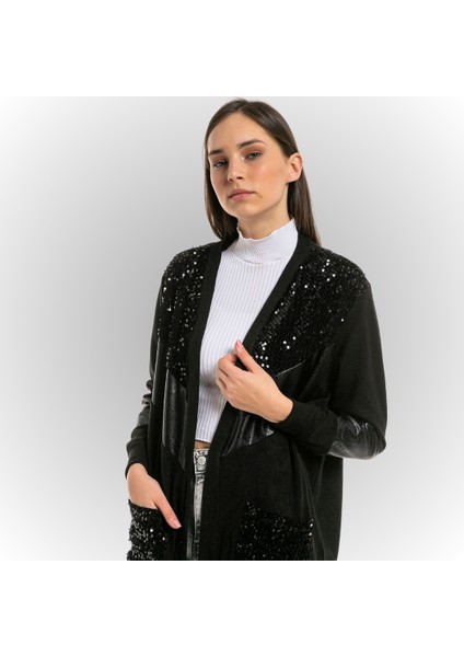 Kadın Siyah Pullu Deri Garnili Hırka
