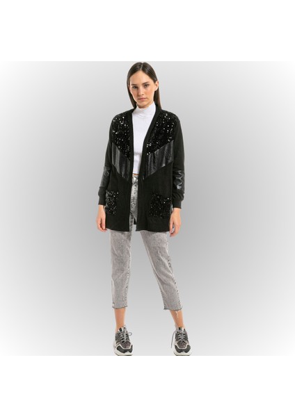 Kadın Siyah Pullu Deri Garnili Hırka fiyatları