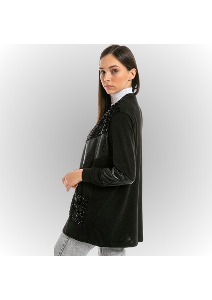 Kadın Siyah Pullu Deri Garnili Hırka modelleri