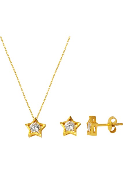 Yıldız Tektaşlı Kolye Küpeli 22 Ayar Altın Set