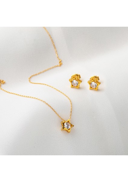 Yıldız Tektaşlı Kolye Küpeli 22 Ayar Altın Set fiyatları