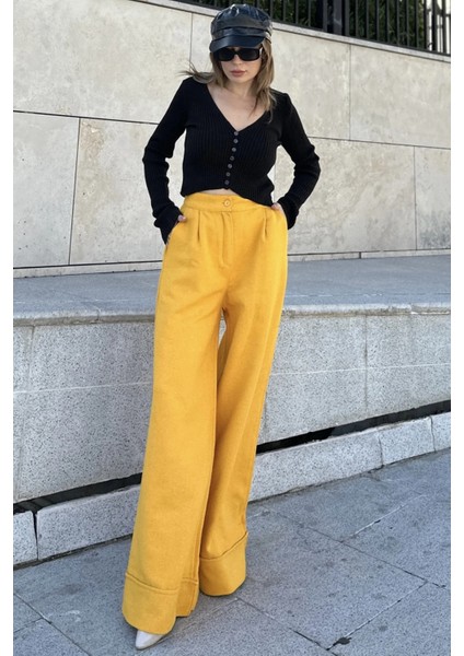 Kadın Hardal Duble Paça, Beli Pliseli, Fitilli Kaşe Kumaş, Ispanyol Pantolon