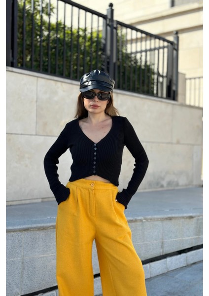 Kadın Hardal Duble Paça, Beli Pliseli, Fitilli Kaşe Kumaş, Ispanyol Pantolon modelleri