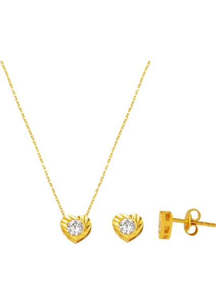 Kalp Tek Taşlı 22 Ayar Altın Takı Seti