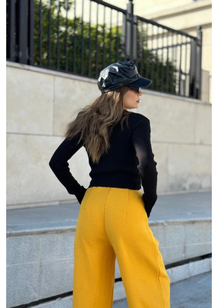 Kadın Hardal Duble Paça, Beli Pliseli, Fitilli Kaşe Kumaş, Ispanyol Pantolon fiyatları