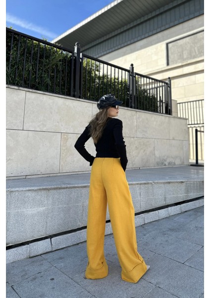 Kadın Hardal Duble Paça, Beli Pliseli, Fitilli Kaşe Kumaş, Ispanyol Pantolon fırsatları