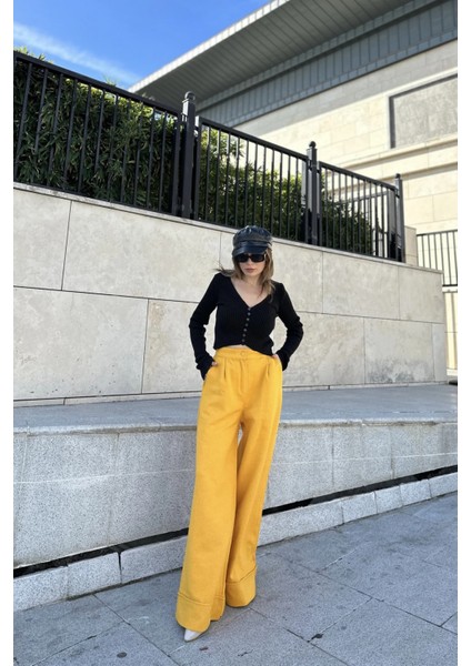 Kadın Hardal Duble Paça, Beli Pliseli, Fitilli Kaşe Kumaş, Ispanyol Pantolon indirimleri