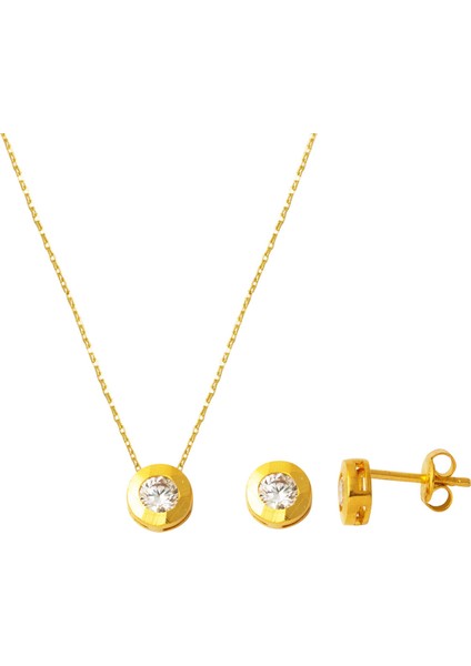 Tek Taşlı Kolye Küpeli 22 Ayar Altın Takı Seti