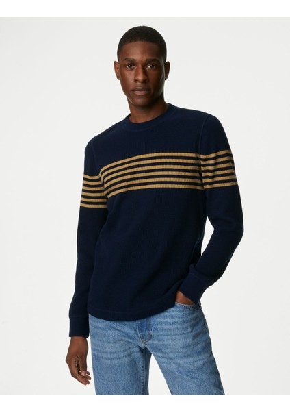 Saf Pamuklu Yuvarlak Yaka Waffle Sweatshirt
