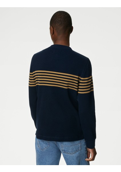 Saf Pamuklu Yuvarlak Yaka Waffle Sweatshirt