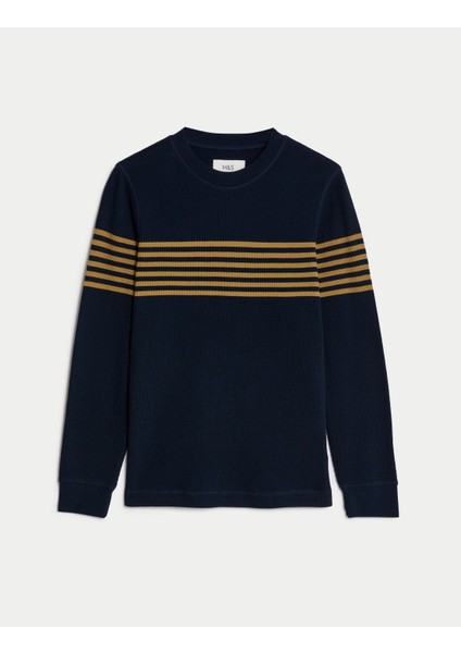 Saf Pamuklu Yuvarlak Yaka Waffle Sweatshirt