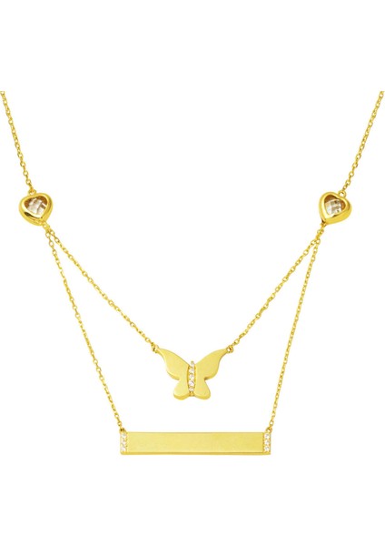 Iki Zincirli Altın Kelebek Plaka Kolye