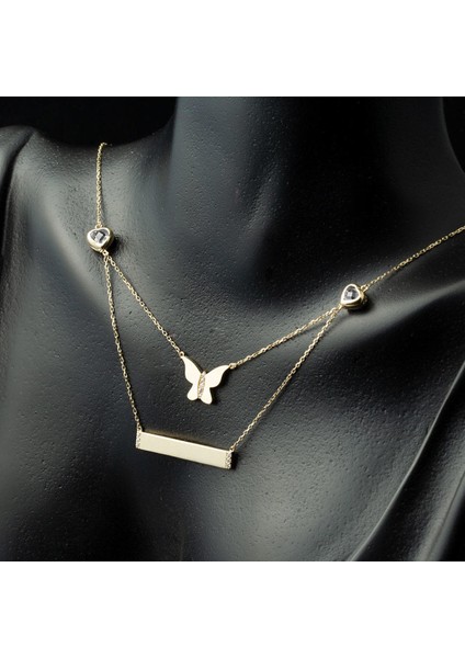 Iki Zincirli Altın Kelebek Plaka Kolye fiyatları
