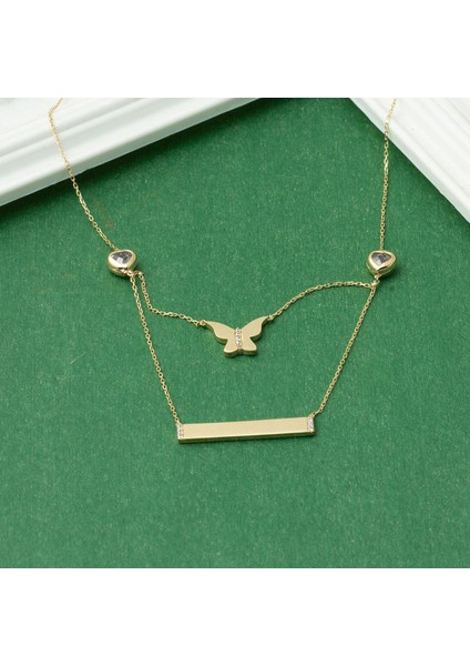 Iki Zincirli Altın Kelebek Plaka Kolye modelleri