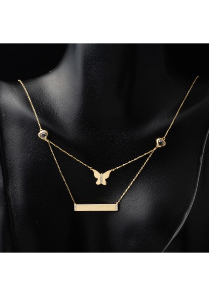 Iki Zincirli Altın Kelebek Plaka Kolye fırsatları