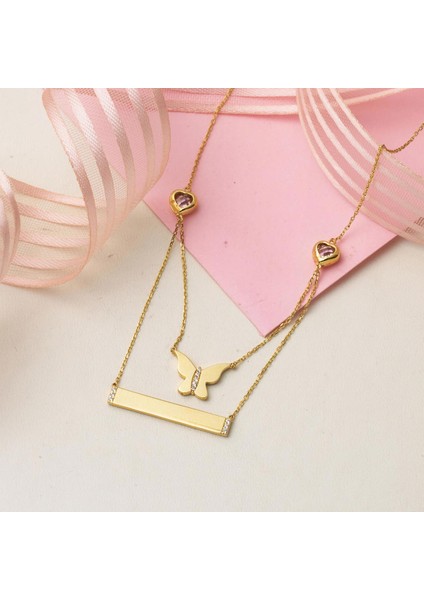 Iki Zincirli Altın Kelebek Plaka Kolye indirimleri