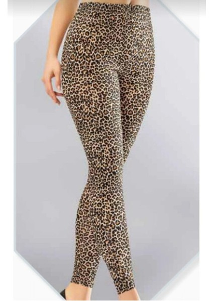 4059 Bayan Leopar Desenli Uzun Tayt Tekli
