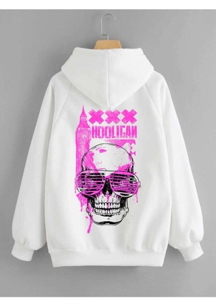 Oversize Holıgan Baskılı Beyaz Sweatshırt Pamuklu Hoodıe