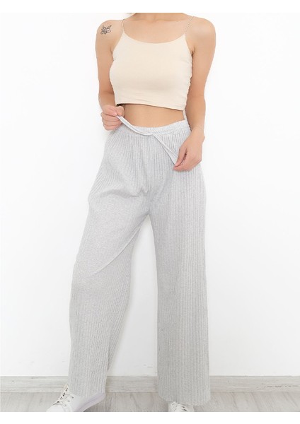 Yüksek Bel Yumuşacık Fitilli Beli Lastikli Günlük Rahat Kadın Pantolon Açık Gri fiyatları