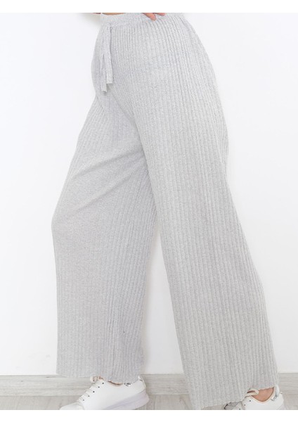 Yüksek Bel Yumuşacık Fitilli Beli Lastikli Günlük Rahat Kadın Pantolon Açık Gri modelleri