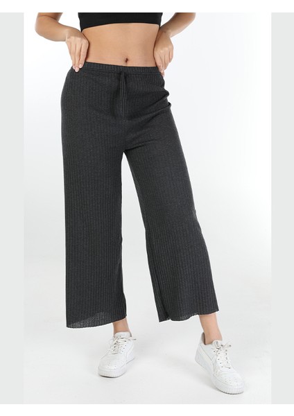 Yüksek Bel Yumuşacık Fitilli Beli Lastikli Günlük Rahat Kadın Pantolon Koyu Gri modelleri