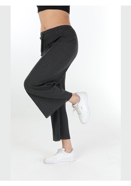 Yüksek Bel Yumuşacık Fitilli Beli Lastikli Günlük Rahat Kadın Pantolon Koyu Gri fırsatları