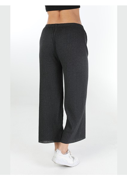Yüksek Bel Yumuşacık Fitilli Beli Lastikli Günlük Rahat Kadın Pantolon Koyu Gri indirimleri