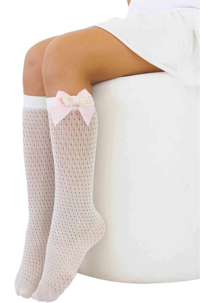 Romina Kurdele Aksesuarlı Çocuk Dizaltı Çorap Beyaz