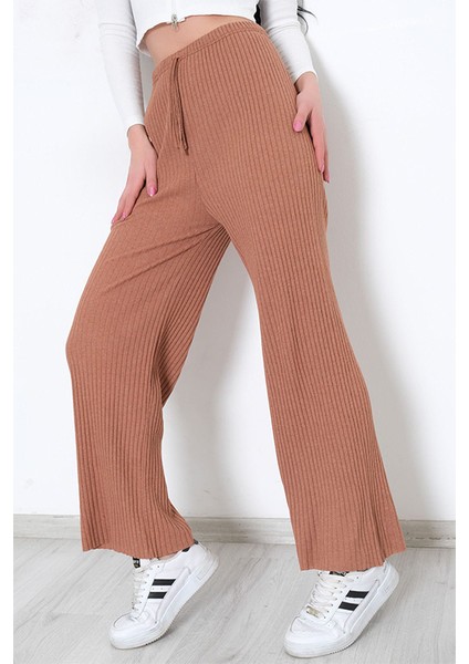 Yüksek Bel Yumuşacık Fitilli Beli Lastikli Günlük Rahat Kadın Pantolon Yavruağzı modelleri