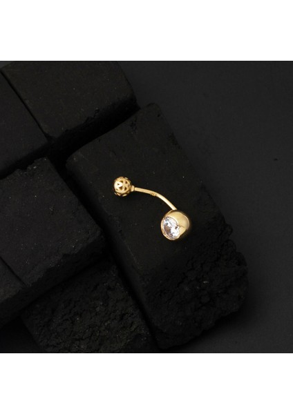 Klasik Tek Taşlı 14 Ayar Altın Göbek Piercing